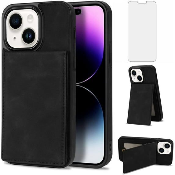Phone Case for iPhone 13 6.1 inch Wallet Cover with Tempered Glass Screen Protector and RFID Slim Credit Card Holder Slot Stand Cell Accessories iPhone13 5G i i-Phone i13 iPhone13case Women Black