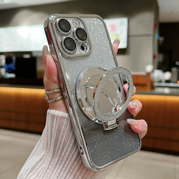 Phone Case for iPhone 13 Case Kickstand Ring Holder Glitter Powder Mirror Compatible with iPhone 13 Built-in Camera Lens Protector Shockproof Phone Case for iPhone 13, Silver