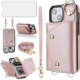 thumbnail image 1 of Phone Case for iPhone 13 Mini 5.4 inch Wallet Cover with Screen Protector Ring Stand Credit Card Holder Slot Crossbody Strap Cell iPhone13mini i-Phone 13minicase i iPhone13 13mini Women Girl Rose gold, 1 of 13
