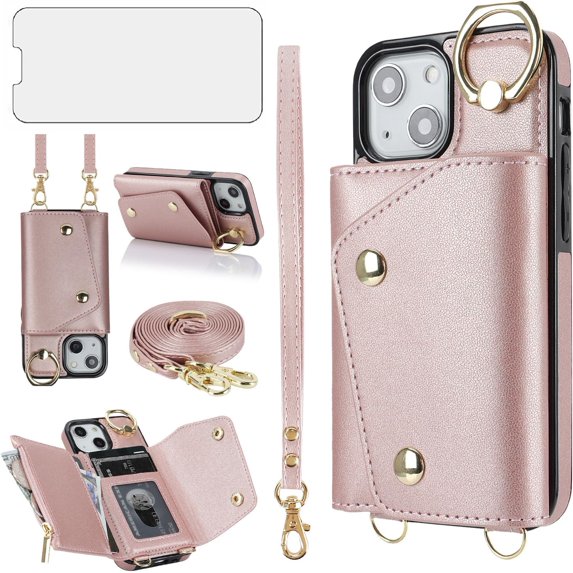 Phone Case for iPhone 13 Mini 5.4 inch Wallet Cover with Screen Protector Ring Stand Credit Card Holder Slot Crossbody Strap Cell iPhone13mini i-Phone 13minicase i iPhone13 13mini Women Girl Rose gold