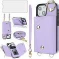thumbnail image 1 of Phone Case for iPhone 13 Mini 5.4 inch Wallet Cover with Screen Protector Ring Stand Credit Card Holder Slot Crossbody Strap Cell iPhone13mini i-Phone 13minicase i iPhone13 13mini Women Girl的、 Purple, 1 of 13