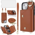thumbnail image 1 of Phone Case for iPhone 13 Mini 5.4 inch Wallet Cover with Screen Protector and Ring Stand Credit Card Holder Slot Crossbody Strap Cell iPhone13mini i-Phone 13minicase i iPhone13 13mini Women Girl Brown, 1 of 7