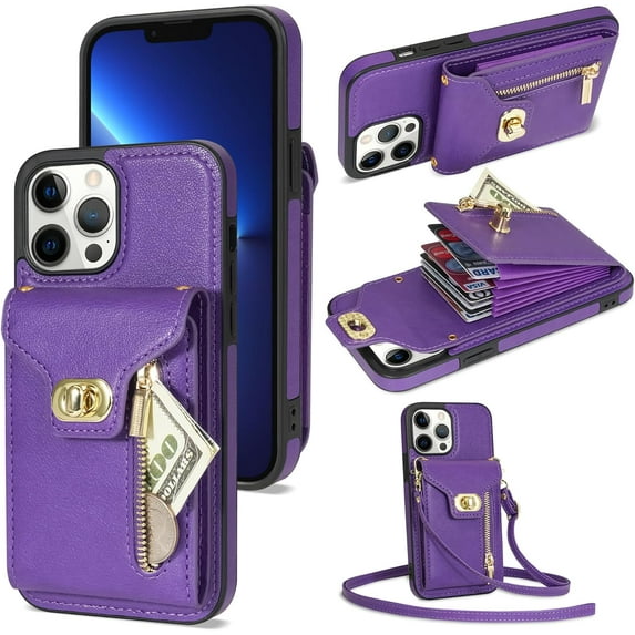 Phone Case for iPhone 13 Pro 6.1 inch Wallet Cover with Credit Card Holder Zipper Slot Crossbody Strap Lanyard Leather Stand Cell iPhone13Pro 5G i i-Phone i13 iPhone13 13Pro Women Girls Purple