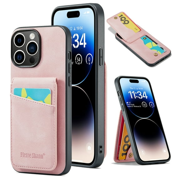 Phone Case for iPhone 13 Pro, Back Credit Card Holder Wallet Cover Study Kickstand PU Leather Magnetic Clasp RFID Blocking Case for iPhone 13 Pro Cases Women, Pink