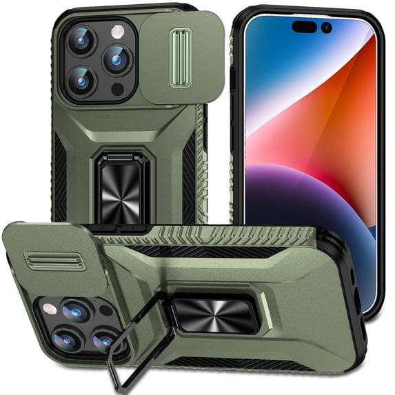 Phone Case for iPhone 13 Pro Case with Sliding Camera Cover, with 360° + 100° Free Rotation Metal Finger Ring Bracket, Fit Magnet Car Mount, 2 In 1 Case Cover for iPhone 13 Pro, Darkgreen