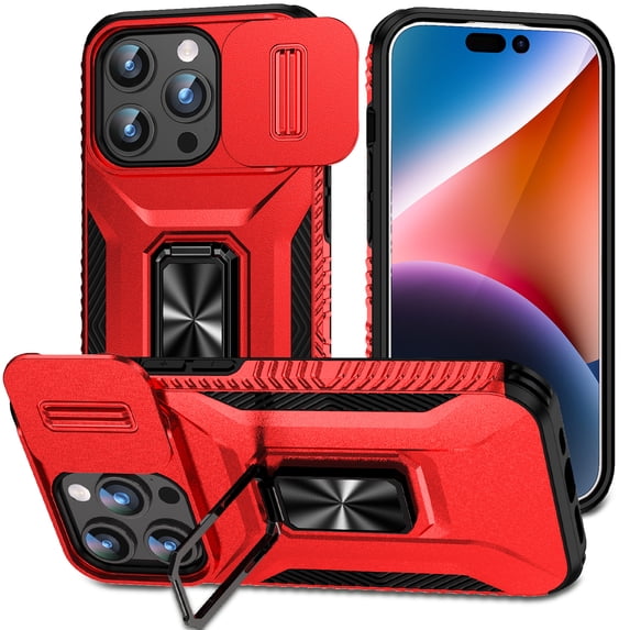 Phone Case for iPhone 13 Pro Case with Sliding Camera Cover, with 360° + 100° Free Rotation Metal Finger Ring Bracket, Fit Magnet Car Mount, 2 In 1 Case Cover for iPhone 13 Pro, Red
