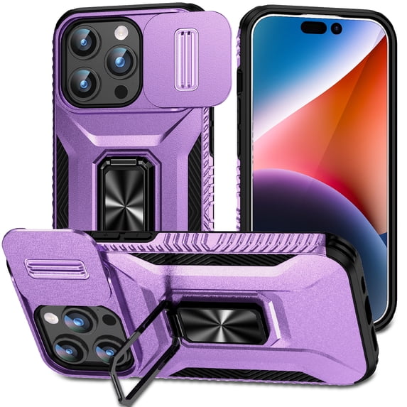 Phone Case for iPhone 13 Pro Case with Sliding Camera Cover, with 360° + 100° Free Rotation Metal Finger Ring Bracket, Fit Magnet Car Mount, 2 In 1 Case Cover for iPhone 13 Pro, Purple