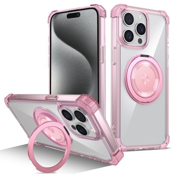 Phone Case for iPhone 13 Pro Max with 360° Rotatable Ring Holder Kickstand, Clear Non-Yellowing Transparent Magnetic Cover, Military Grade Drop Protection Shockproof Case for iPhone 13 Pro Max, Pink