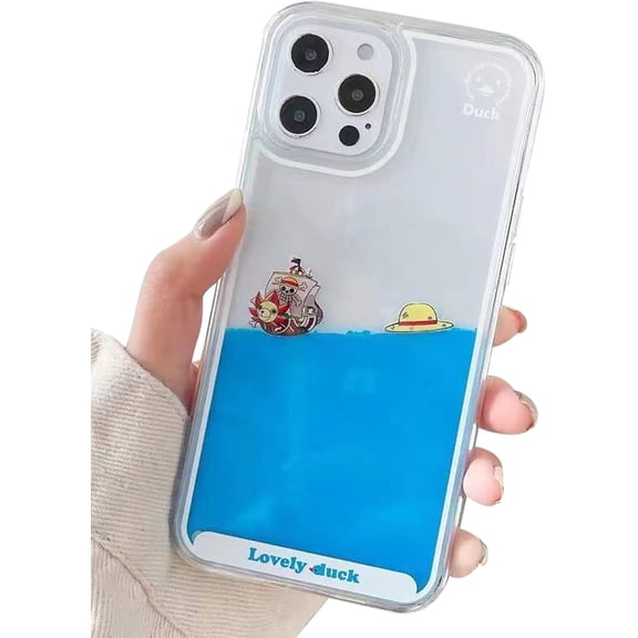 Phone Case for iPhone 13 Pro Max Case, 3D Dynamic Blue Liquid Floating Ducks and Pirate Ship Soft Silicone Bumper Quicksand Hard Back Case for iPhone 13 Pro Max