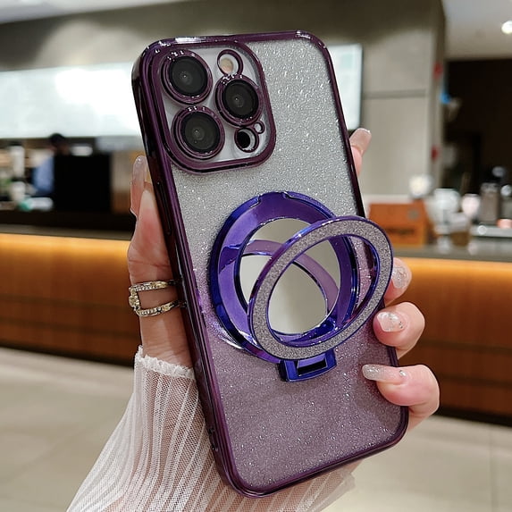 Phone Case for iPhone 13 Pro Max Case Kickstand Ring Holder Glitter Powder Mirror Compatible with iPhone 13 Pro Max Built-in Camera Lens Protector Shockproof Phone Case,Darkpurple