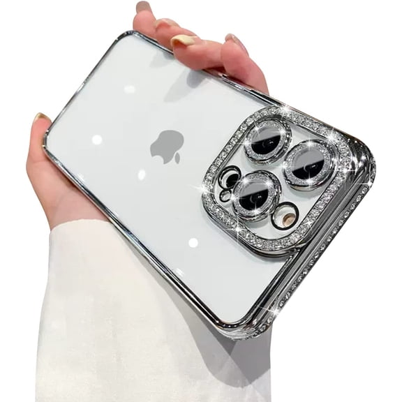 Phone Case for iPhone 13 Pro Max Case with Sparkle Diamond Rhinestone Glitter Camera Len Protector,Crystal Bling Clear Cute Plating Phone Case Shockproof for iPhone 13 Pro Max 6.7''-Silver