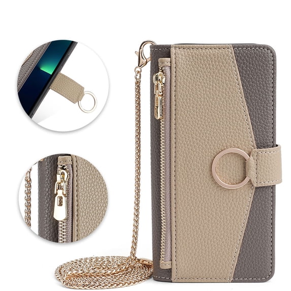 Phone Case for iPhone 13 Pro Zipper Wallet Cover with Make-up Mirror, Flip Cover PU Leather Ring Card Holder Kickstand Crossbody Strap Chain Cell Phone Case Cover for iPhone 13 Pro, Gray