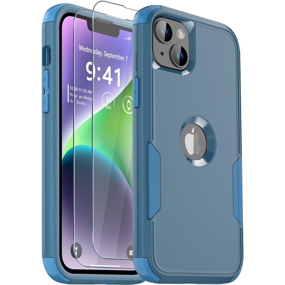 Phone Case for iPhone 13 and iPhone 14, Non-Slip Shockproof 10 Ft Military Dropproof Phone Case with 2 Tempered Glass Screen Protectors, 6.1 Inch (Blue)