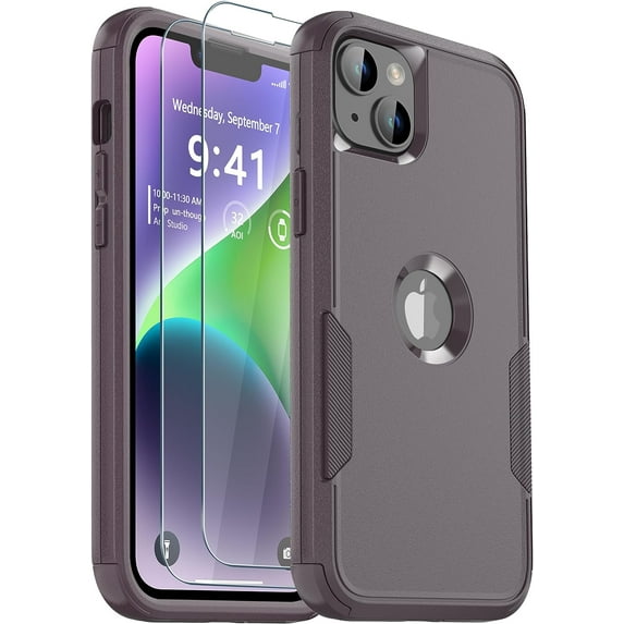 Phone Case for iPhone 13 and iPhone 14, Non-Slip Shockproof 10 Ft Military Dropproof Phone Case with 2 Tempered Glass Screen Protectors, 6.1 Inch (Brown)