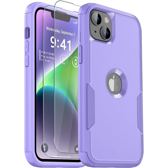 Phone Case for iPhone 13 and iPhone 14, Non-Slip Shockproof 10 Ft Military Dropproof Phone Case with 2 Tempered Glass Screen Protectors, 6.1 Inch (Light Purple)