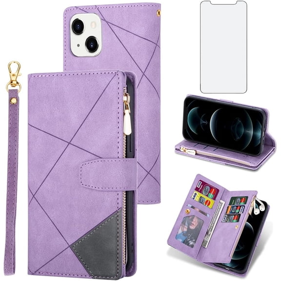 Phone Case for iPhone 14 6.1 inch Wallet Cover With Screen Protector and Wrist Strap Leather Flip Zipper Credit Card Holder Stand Cell Accessories iPhone14 5G i-Phone i14 iPhone14case Women Men Purple