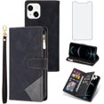 thumbnail image 1 of Phone Case for iPhone 14 6.1 inch Wallet Cover With Screen Protector and Wrist Strap Leather Flip Zipper Credit Card Holder Stand Cell Accessories iPhone14 5G i-Phone i14 iPhone14case Women Men Black, 1 of 13