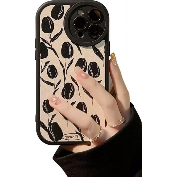 Phone Case for iPhone 14 Case Flower,Cute Fashion Black Oil Painting Floral Protective Shockproof Luxury Women Girl Case Design for iPhone 14 6.1 inches