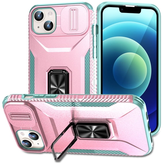 Phone Case for iPhone 14 Case with Sliding Camera Cover, with 360° + 100° Free Rotation Metal Finger Ring Bracket, Fit Magnet Car Mount, 2 In 1 Case Cover for iPhone 14, Rosegold