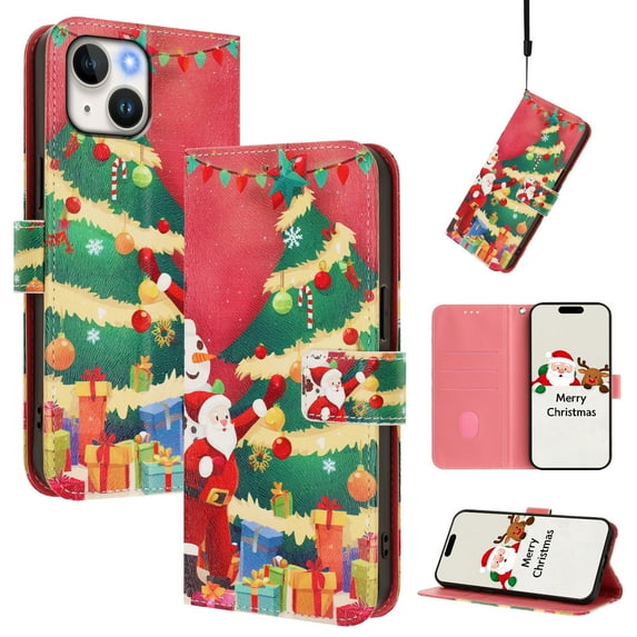 Phone Case for iPhone 14, Luxury Christmas Pattern Card Slots Cash Pocket Magnetic Clasp Full Body Protection Shockproof Kickstand Wallet Flip Case with Wrist Strap for iPhone 14, F