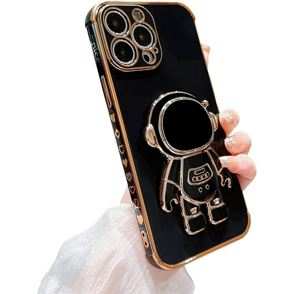 Phone Case for iPhone 14 PRO 6.7" Luxury Plating Cute Astronaut Stand Holder Case with Side Cute Small Heart Pattern Soft Silicone Shockproof Kickstand Cover Bumper (Black)