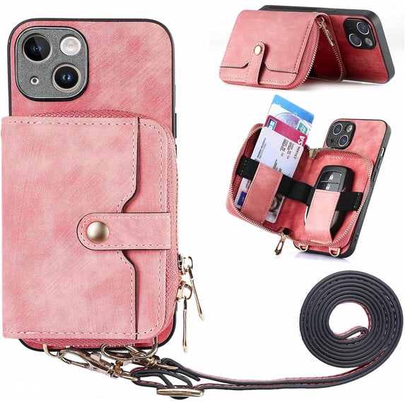 Phone Case for iPhone 14 Plus 6.7 inch Zipper Wallet Cover with Credit Card Holder Slot Shoulder Crossbody Strap Cell i-Phone 14+ iPhone14Plus 5G i i14 + iPhone14 14Plus Women Girls Men Pink