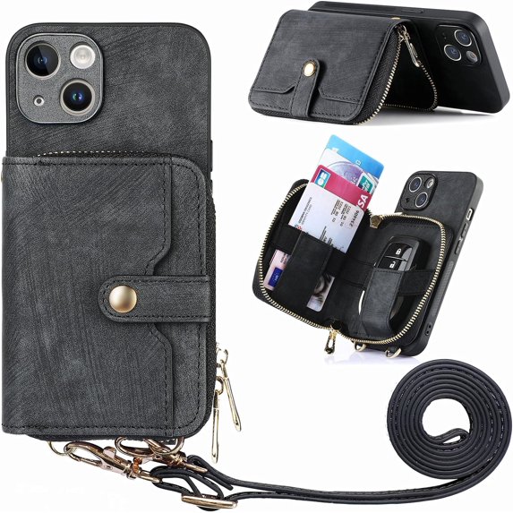 Phone Case for iPhone 14 Plus 6.7 inch Zipper Wallet Cover with Credit Card Holder Slot Shoulder Crossbody Strap Cell i-Phone 14+ iPhone14Plus 5G i i14 + iPhone14 14Plus Women Girls Men Black
