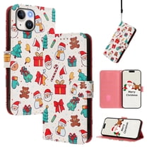 Phone Case for iPhone 14 Plus, Luxury Christmas Pattern Card Slots Cash Pocket Magnetic Clasp Full Body Protection Shockproof Kickstand Wallet Flip Case with Wrist Strap for iPhone 14 Plus, A