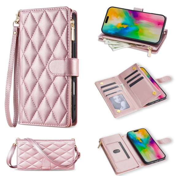 Phone Case for iPhone 14 Plus Wallet Cover with Shoulder Strap & Wrist Strap, Card Holder Slots Stand PU Leather Zipper Pocket Flip Case Magnetic Buckle Women Girls for iPhone 14 Plus, Rosegold