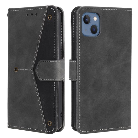 Phone Case for iPhone 14 Plus Wallet Cover with Wrist Strap, Splicing PU Leather Flip Case Card Holder Slots Kickstand Magnetic Closure for Women Men for iPhone 14 Plus, Gray