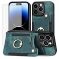 thumbnail image 1 of Phone Case for iPhone 14 Pro 6.1 inch Wallet Cell Cover with Tempered Glass Screen Protector Slim Lanyard Wrist Strap RFID Ring Stand Credit Card Holder Slot iPhone14Pro 5G i i-Phone i14 14Pro Green, 1 of 11