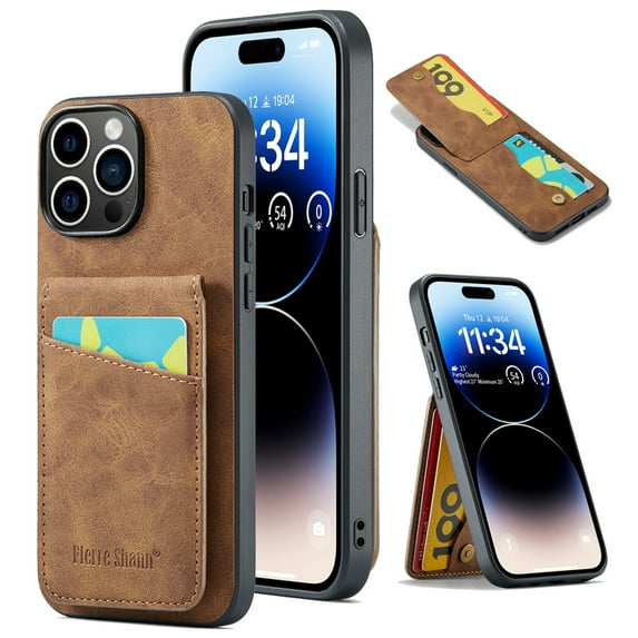 Phone Case for iPhone 14 Pro, Back Credit Card Holder Wallet Cover Study Kickstand PU Leather Magnetic Clasp RFID Blocking Case for iPhone 14 Pro Cases Women, Brown