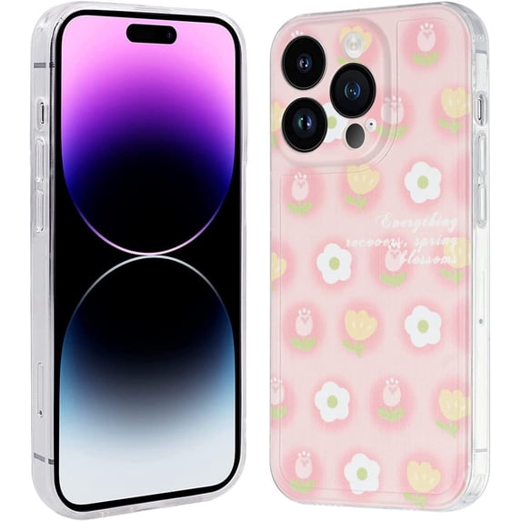 Phone Case for iPhone 14 Pro, Kawaii TPU Bumpers Back Phone Cover for Women, Cute Pink & Yellow Floral Flower iPhone Case for iPhone 14 Pro 2022 (6.1 Inch)