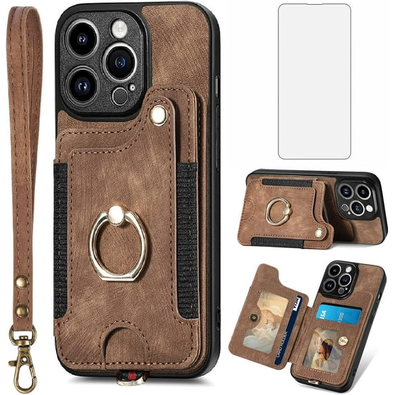 Phone Case for iPhone 14 Pro Max 6.7 inch Wallet Cover with Screen Protector and Wrist Strap Lanyard RFID Credit Card Holder Ring Stand iPhone14promax 5G i Phone14Max Plus iPhone14 ProMax Women Brown