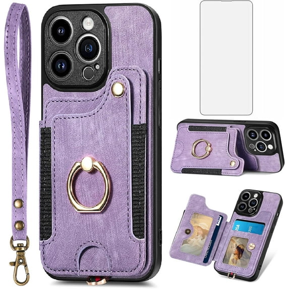 Phone Case for iPhone 14 Pro Max 6.7 inch Wallet Cover with Screen Protector and Wrist Strap Lanyard RFID Credit Card Holder Ring Stand iPhone14promax 5G i Phone14Max Plus iPhone14 ProMax Women Purple