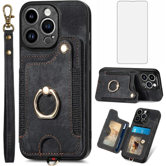 Phone Case for iPhone 14 Pro Max 6.7 inch Wallet Cover with Screen Protector and Wrist Strap Lanyard RFID Credit Card Holder Ring Stand iPhone14promax 5G i Phone14Max Plus iPhone14 ProMax Women Black