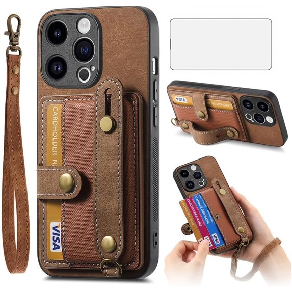 Phone Case for iPhone 14 Pro Max 6.7 inch Wallet Cover with Tempered Glass Screen Protector Slim Stand Credit Card Holder Cell iPhone14promax 5G i Phone14Max Plus iPhone14 ProMax Women Brown