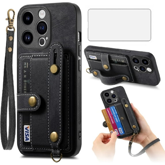 Phone Case for iPhone 14 Pro Max 6.7 inch Wallet Cover with Tempered Glass Screen Protector Slim Stand Credit Card Holder Cell iPhone14promax 5G i Phone14Max Plus iPhone14 ProMax Women Black