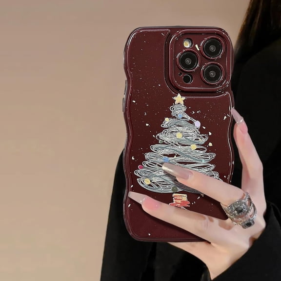 Phone Case for iPhone 14 Pro Max Case,Cute Merry Christmas Tree Star Pattern Glitter Wave Design Wavy Frame Soft Aestheticfor iPhone 14 Pro Max,Wine Red