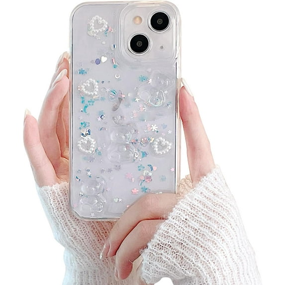 Phone Case for iPhone 14 Pro Max,Cute 3D Bear Glitter Bling Clear Design for iPhone 14 Pro Max Case with Phone Charm/Chain Women Girl Shockproof Camera Protect-6.7''