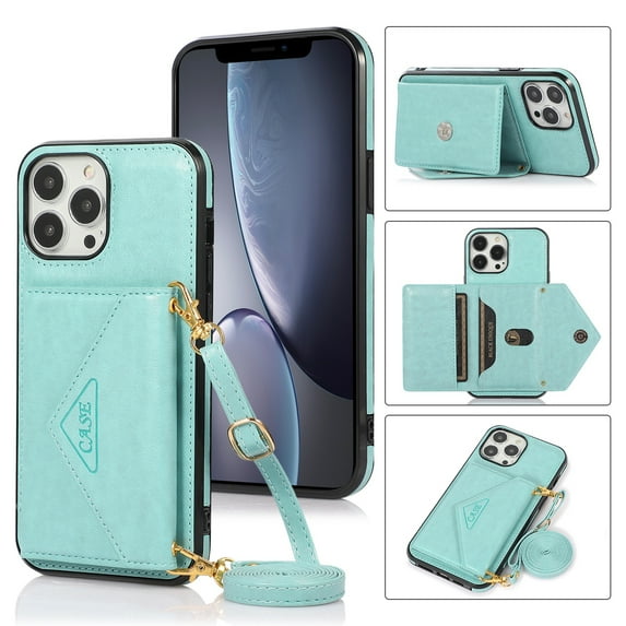 Phone Case for iPhone 14 Pro Max Wallet Cover with Wrist Crossbody Strap Lanyard Credit Shoulder Card Holder Slot Stand Leather Back Magnetic Flip Cell Accessories For iPhone 14 Pro Max, Mint