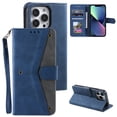 thumbnail image 1 of Phone Case for iPhone 14 Pro Max Wallet Cover with Wrist Strap, Splicing PU Leather Flip Case Card Holder Slots Kickstand Magnetic Closure for Women Men for iPhone 14 Pro Max, Blue, 1 of 7