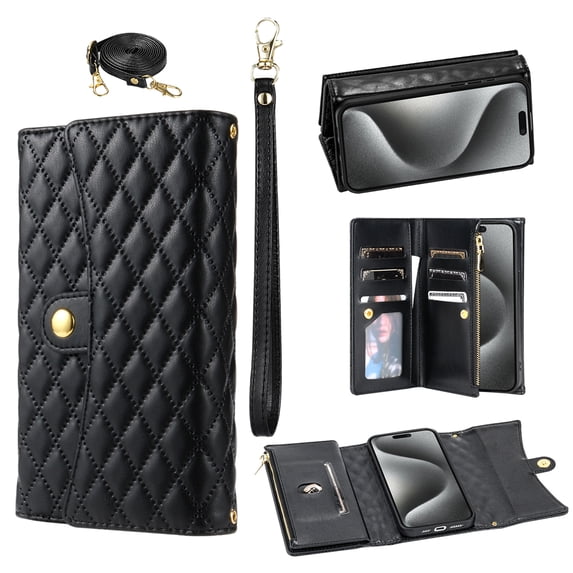 Phone Case for iPhone 14 Pro,Wallet Case Women 【RFID Blocking】 Crossbody Strap PU Leather Zipper with Wrist Lanyard Magnetic Flip Cover Credit Card Holder For iPhone 14 Pro, Black