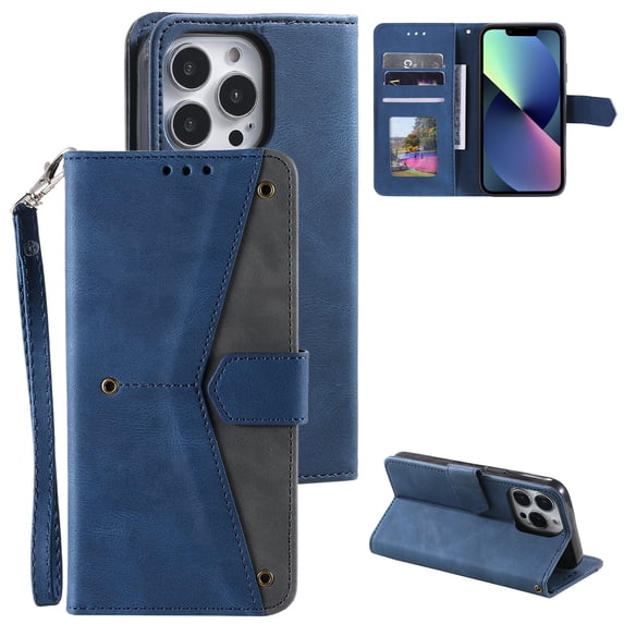 Phone Case for iPhone 14 Pro Wallet Cover with Wrist Strap, Splicing PU Leather Flip Case Card Holder Slots Kickstand Magnetic Closure for Women Men for iPhone 14 Pro, Blue