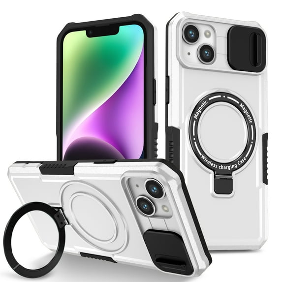 Phone Case for iPhone 14 with Sliding Camera Cover, Hand Grip Anti Slip Design Kickstand Ring Holder Hybrid Magnetic Wireless Charging Phone Cover for Apple iPhone 14 - White