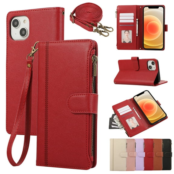 Phone Case for iPhone 14 Wallet Cover with Crossbody Shoulder Strap and Leather [RFID Blocking] Credit Card Holder Pocket Stand Cell Accessories Mobile Flip Purse,Red