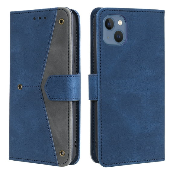 Phone Case for iPhone 14 Wallet Cover with Wrist Strap, Splicing PU Leather Flip Case Card Holder Slots Kickstand Magnetic Closure for Women Men for iPhone 14, Blue
