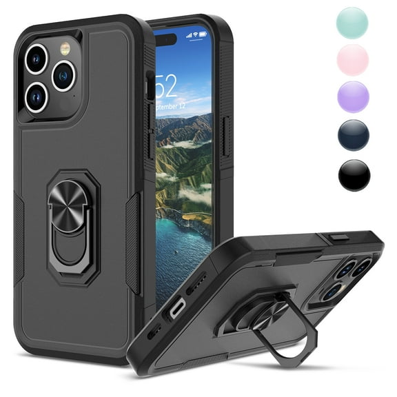 Phone Case for iPhone 15,15 Pro,15 Plus,15 Pro Max Case,Heavy Duty Shockproof Full Body Phone Cover Built in 360°Rotatable Ring Holder Magnetic Kickstand for Apple iPhone 15 Pro Max 6.7",Black