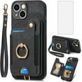 thumbnail image 1 of Phone Case for iPhone 15 6.1 inch Wallet Cover with Tempered Glass Screen Protector and Wrist Strap Lanyard RFID Credit Card Holder Ring Stand iPhone15 5G i i-Phone i15 15Case Women Men Black, 1 of 14