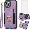 thumbnail image 1 of Phone Case for iPhone 15 6.1 inch Wallet Cover with Tempered Glass Screen Protector and Wrist Strap Lanyard RFID Credit Card Holder Ring Stand iPhone15 5G i i-Phone i15 15Case Women Men Purple, 1 of 14